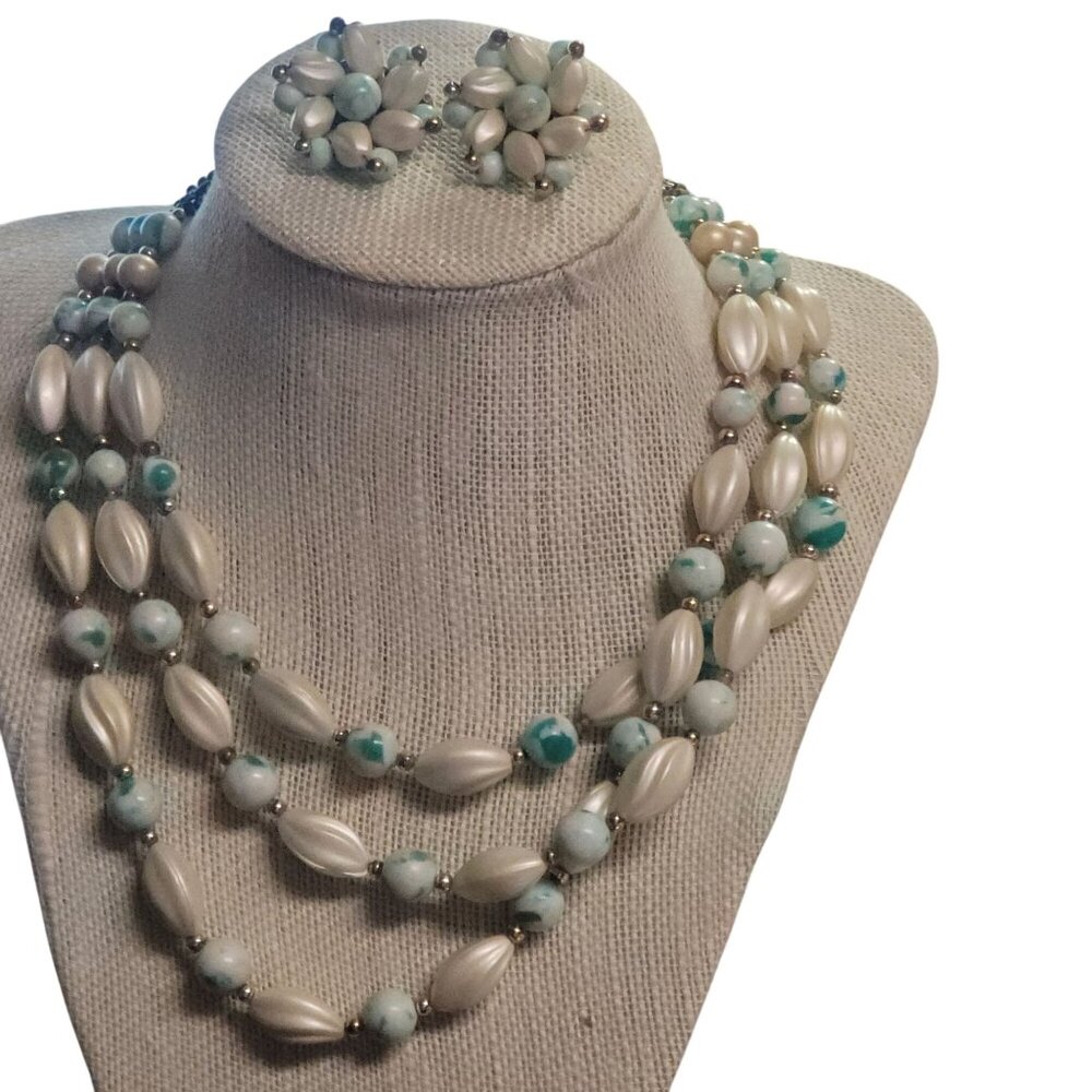 Vintage Japan 3-Strand Faux Pearl Turquoise Bead Necklace Clip-On Earrings Set
